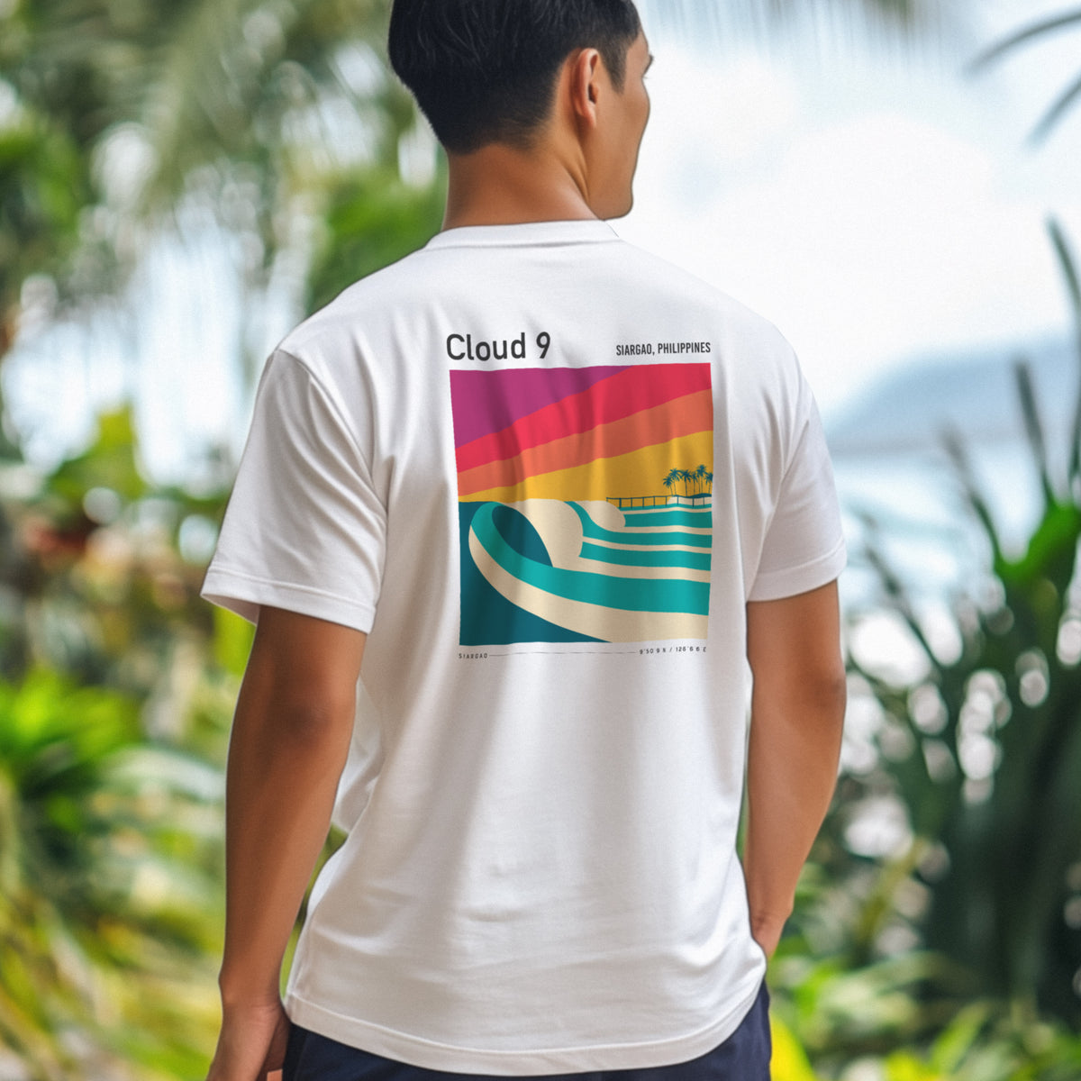 Cloud 9, Siargao Surf T-Shirt | Hollow Barrels Over Reef — design printed on the back of the t-shirt