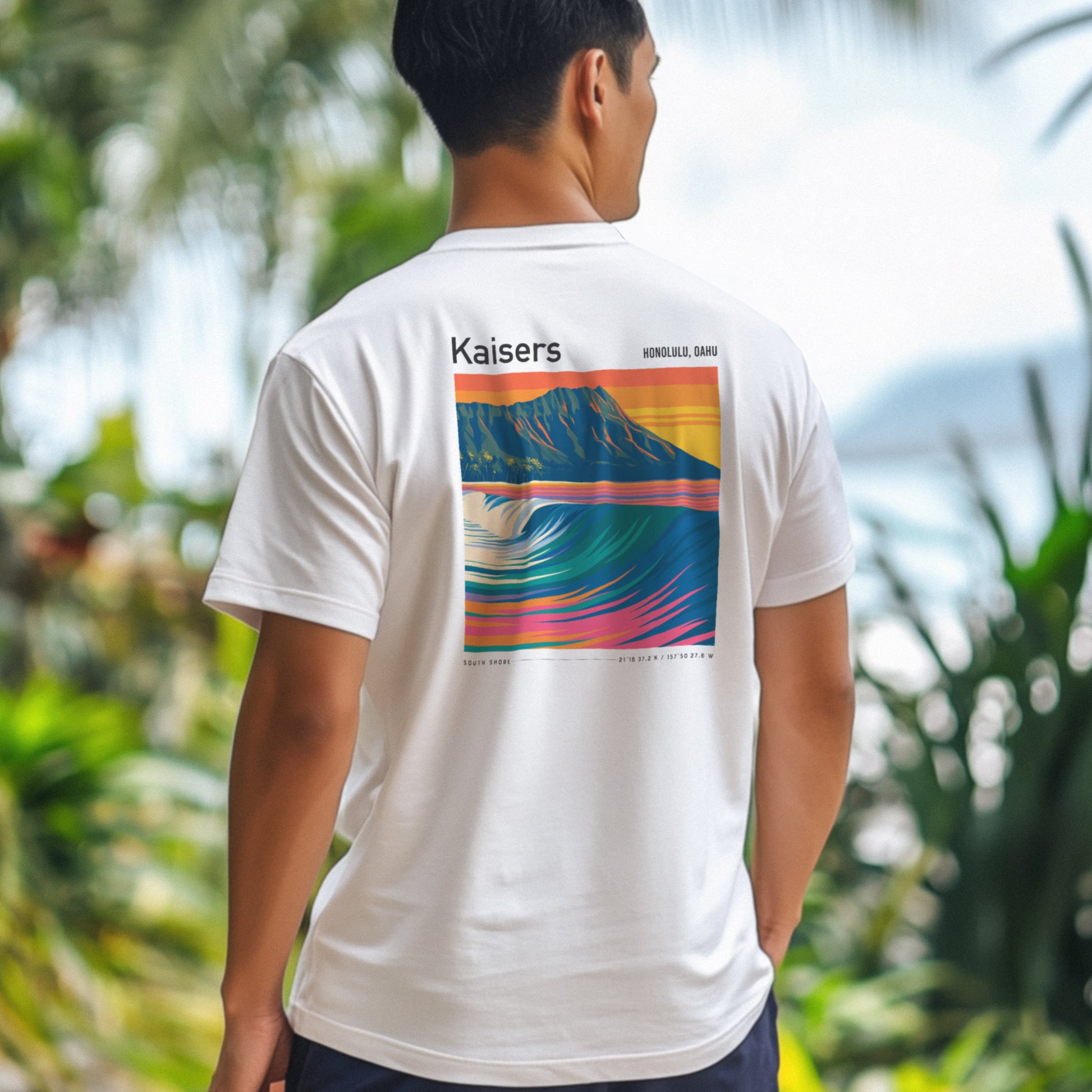 Kaisers Surf T-Shirt | Hawaiian Reef Break Wave Art — design printed on the back of the t-shirt