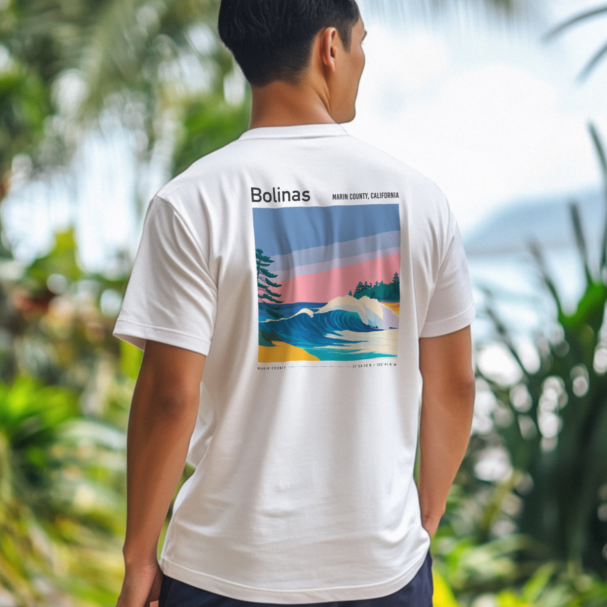 Bolinas Surf T-Shirt | Mellow Waves, Northern California Vibes — design printed on the back of the t-shirt