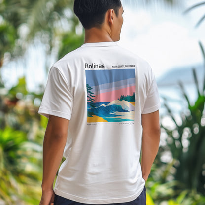 Bolinas Surf T-Shirt | Mellow Waves, Northern California Vibes — design printed on the back of the t-shirt