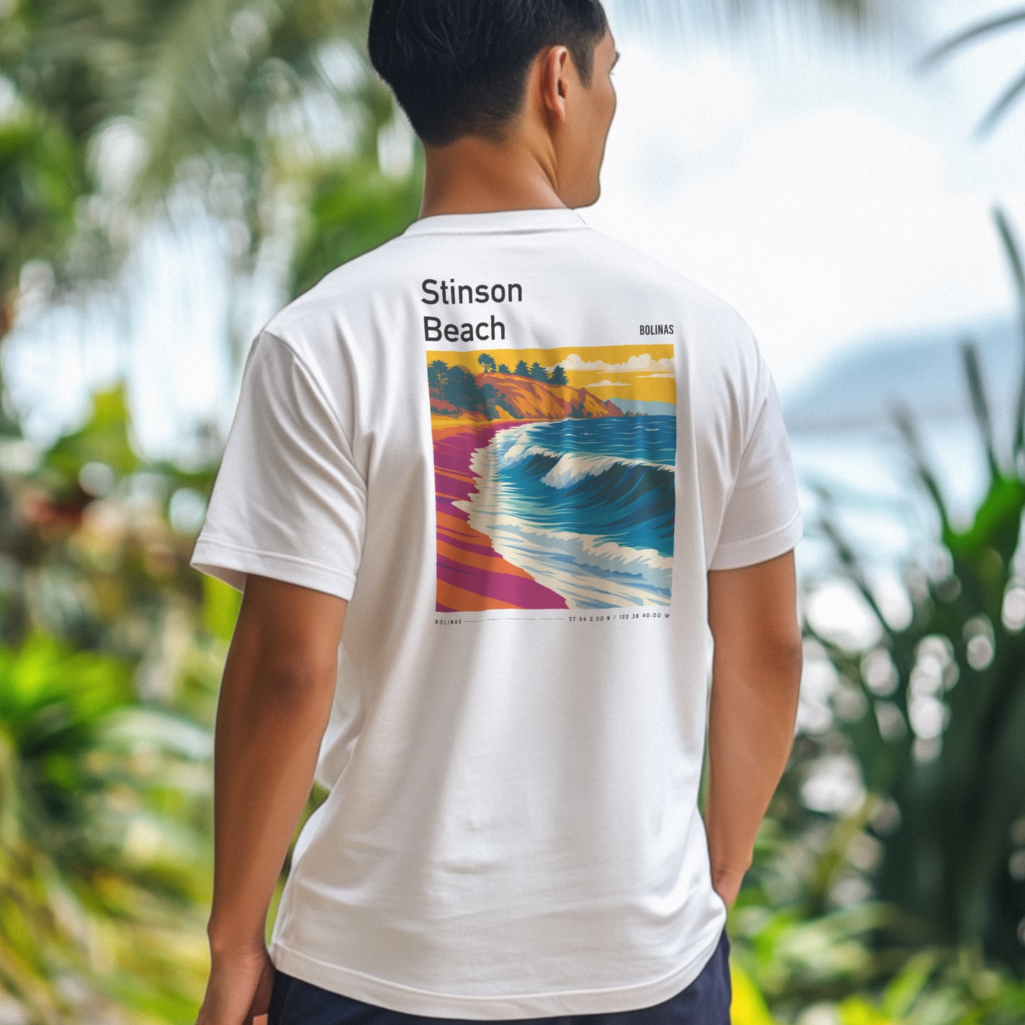 Stinson Beach Surf T-Shirt | Where the Redwoods Meet the Waves — design printed on the back of the t-shirt