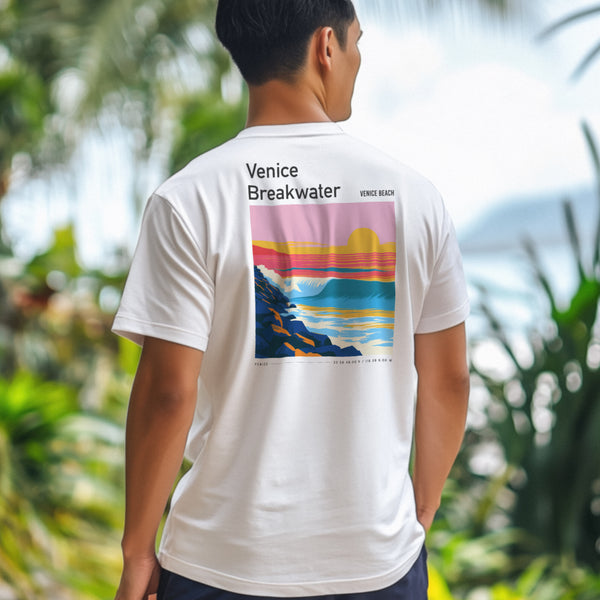 Venice Breakwater Surf T-Shirt | Laid-Back LA Wave Art — design printed on the back of the t-shirt