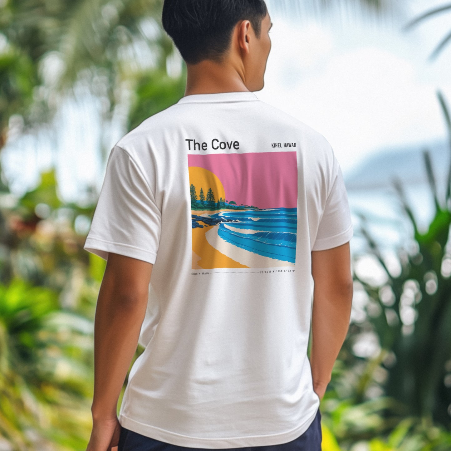 The Cove, Hawaii Surf T-Shirt | Hidden Wave Aloha Art Tee — design printed on the back of the t-shirt
