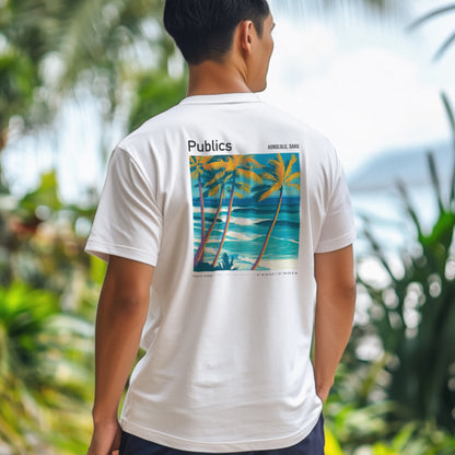Publics, Hawaii Surf T-Shirt | Waikiki Wave Culture Tee — design printed on the back of the t-shirt