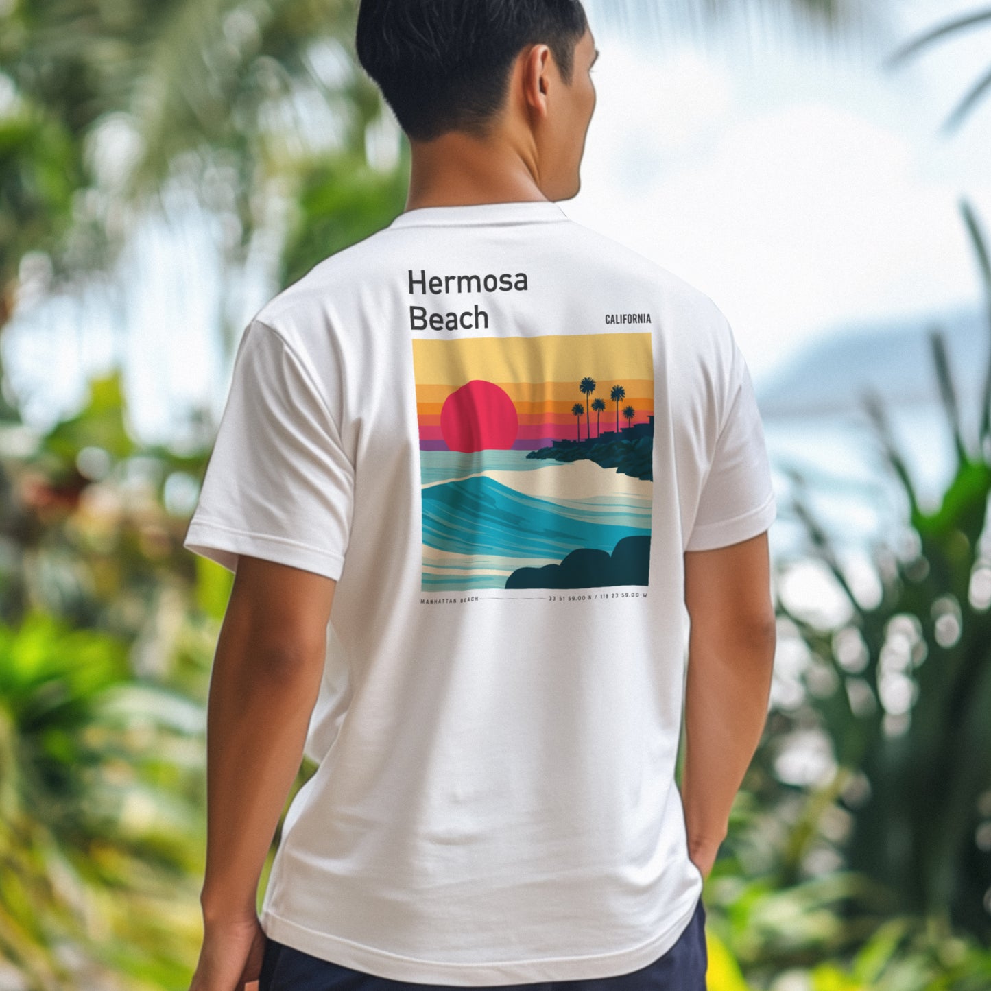 Hermosa Beach Surf T-Shirt | Sun, Sand & South Bay Swells — design printed on the back of the t-shirt