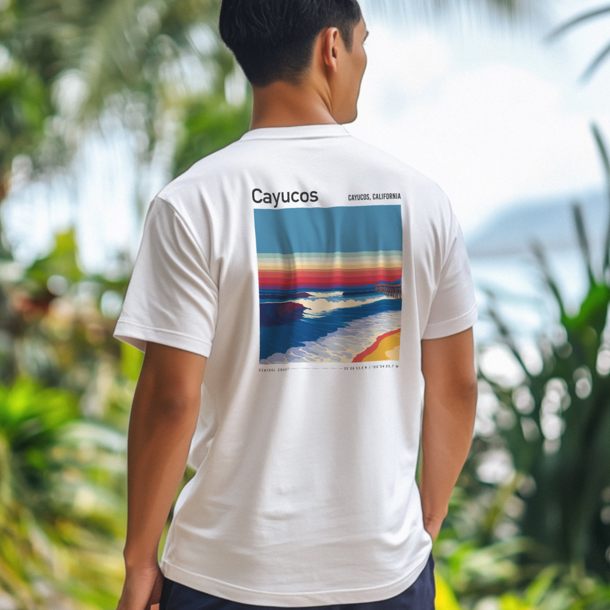 Cayucos Surf T-Shirt | Central Coast Wave Art Tee — design printed on the back of the t-shirt