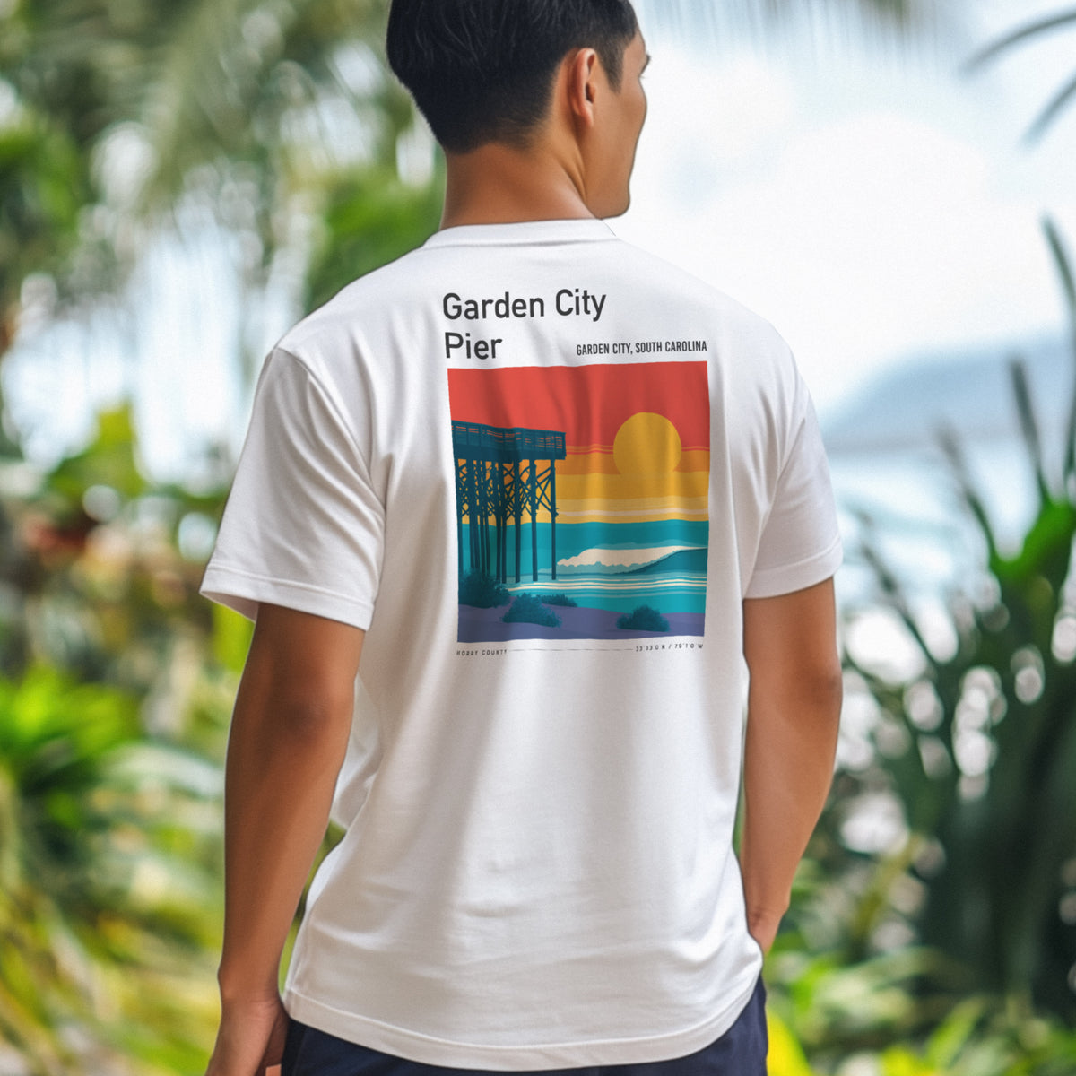 Garden City Pier Surf T-Shirt | Low Country Wave Art Tee — design printed on the back of the t-shirt
