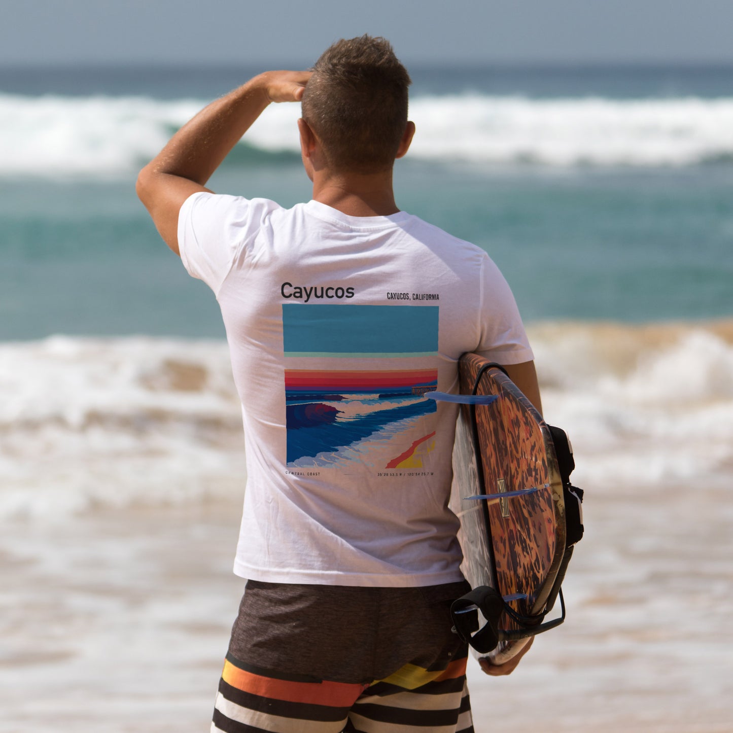 Cayucos Surf T-Shirt | Central Coast Wave Art Tee — design printed on the back of the t-shirt
