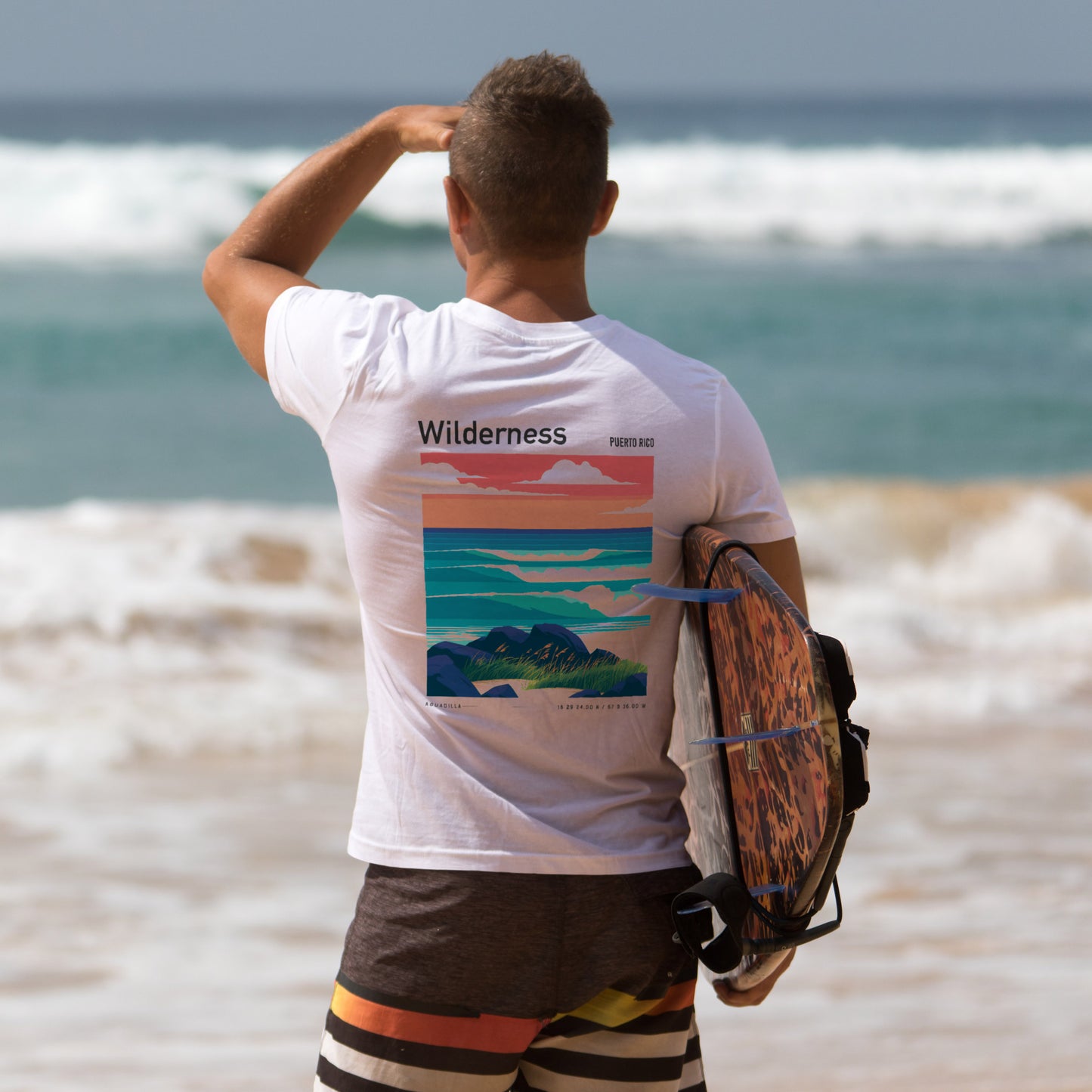 Wilderness Surf T-Shirt | Puerto Rico Wave Art Tee — design printed on the back of the t-shirt