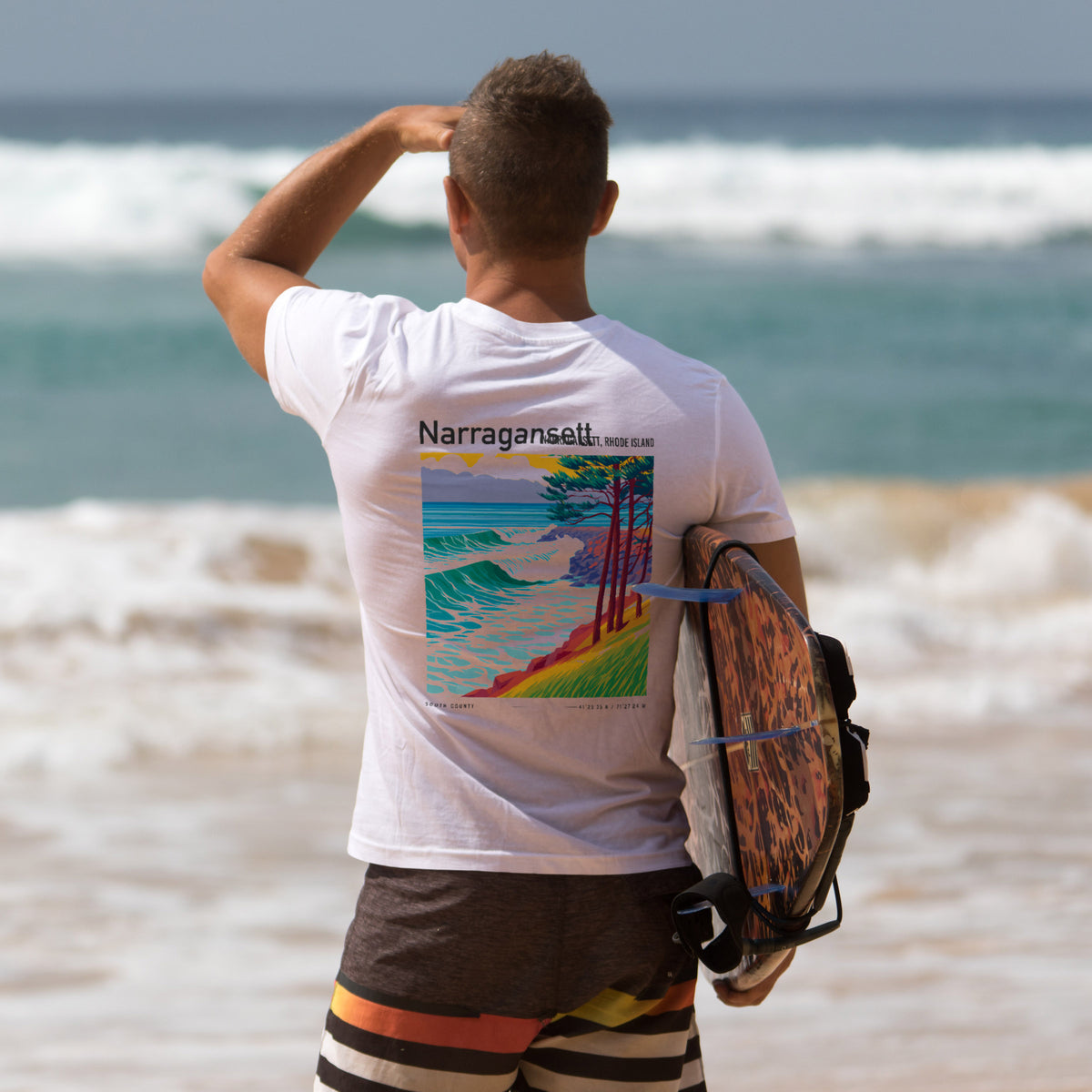 Narragansett Town Beach Surf T-Shirt | Rhode Island Wave Art Tee — design printed on the back of the t-shirt