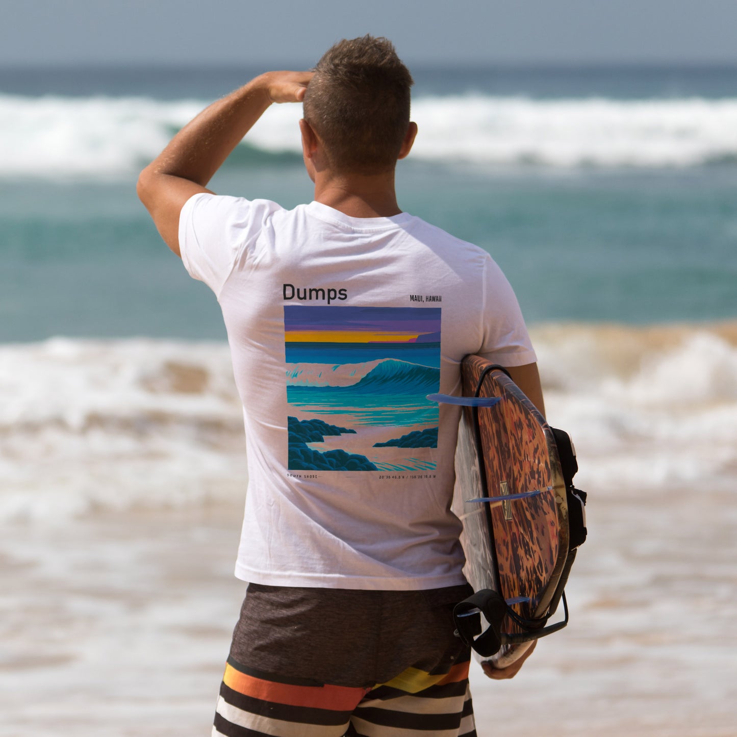Dumps Surf T-Shirt | Raw Hawaiian Wave Art Tee — design printed on the back of the t-shirt