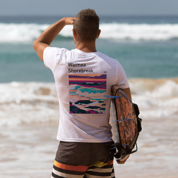 Waimea Shorebreak Surf T-Shirt | Raw Power, Big Wave Art — design printed on the back of the t-shirt