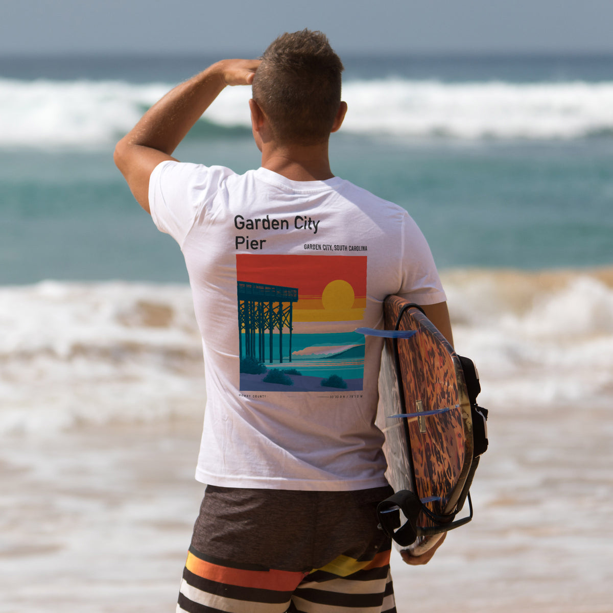 Garden City Pier Surf T-Shirt | Low Country Wave Art Tee — design printed on the back of the t-shirt