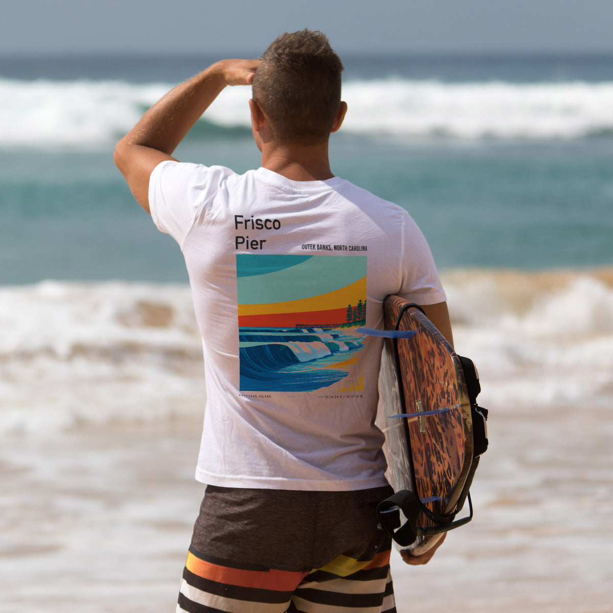 Frisco Pier Surf T-Shirt | Outer Banks Wave Art Tee — design printed on the back of the t-shirt