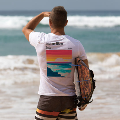 Indian River Inlet Surf T-Shirt | Delaware Coast Wave Art Tee — design printed on the back of the t-shirt