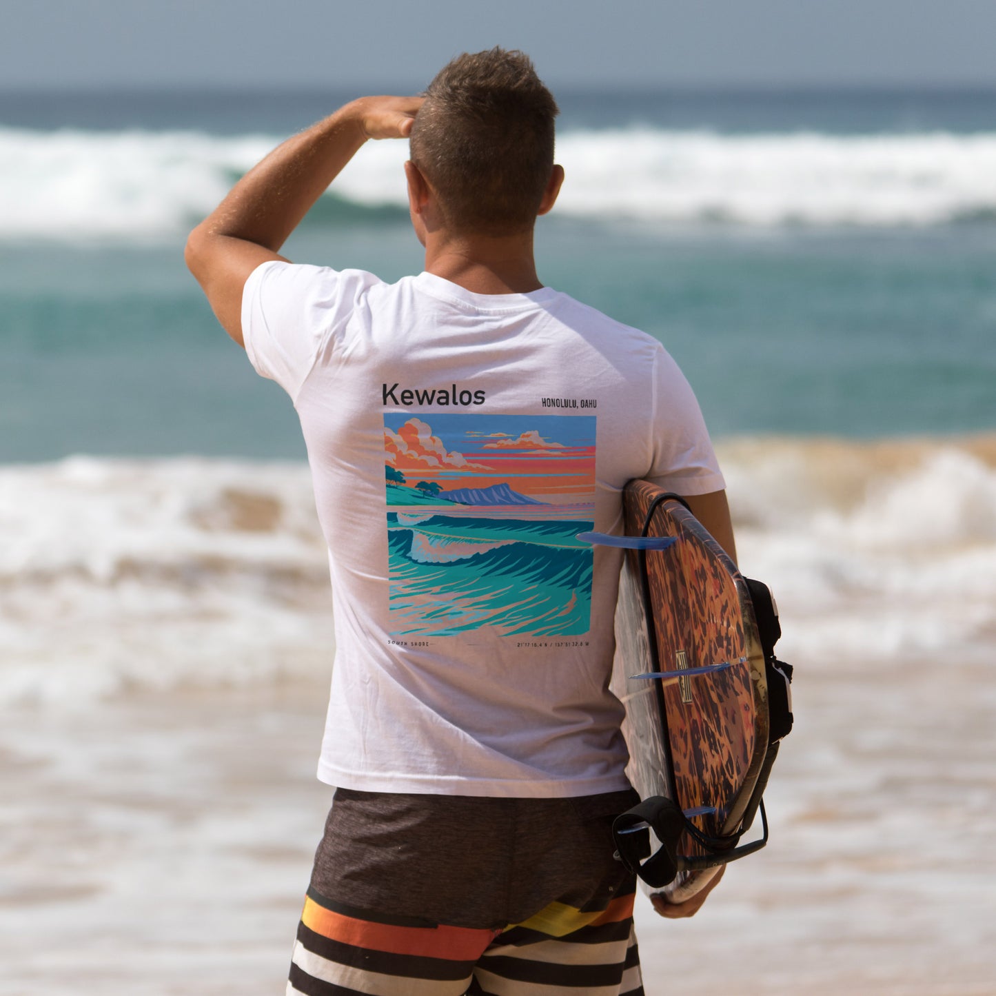 Kewalos Surf T-Shirt | Honolulu Break Wave Art Tee — design printed on the back of the t-shirt