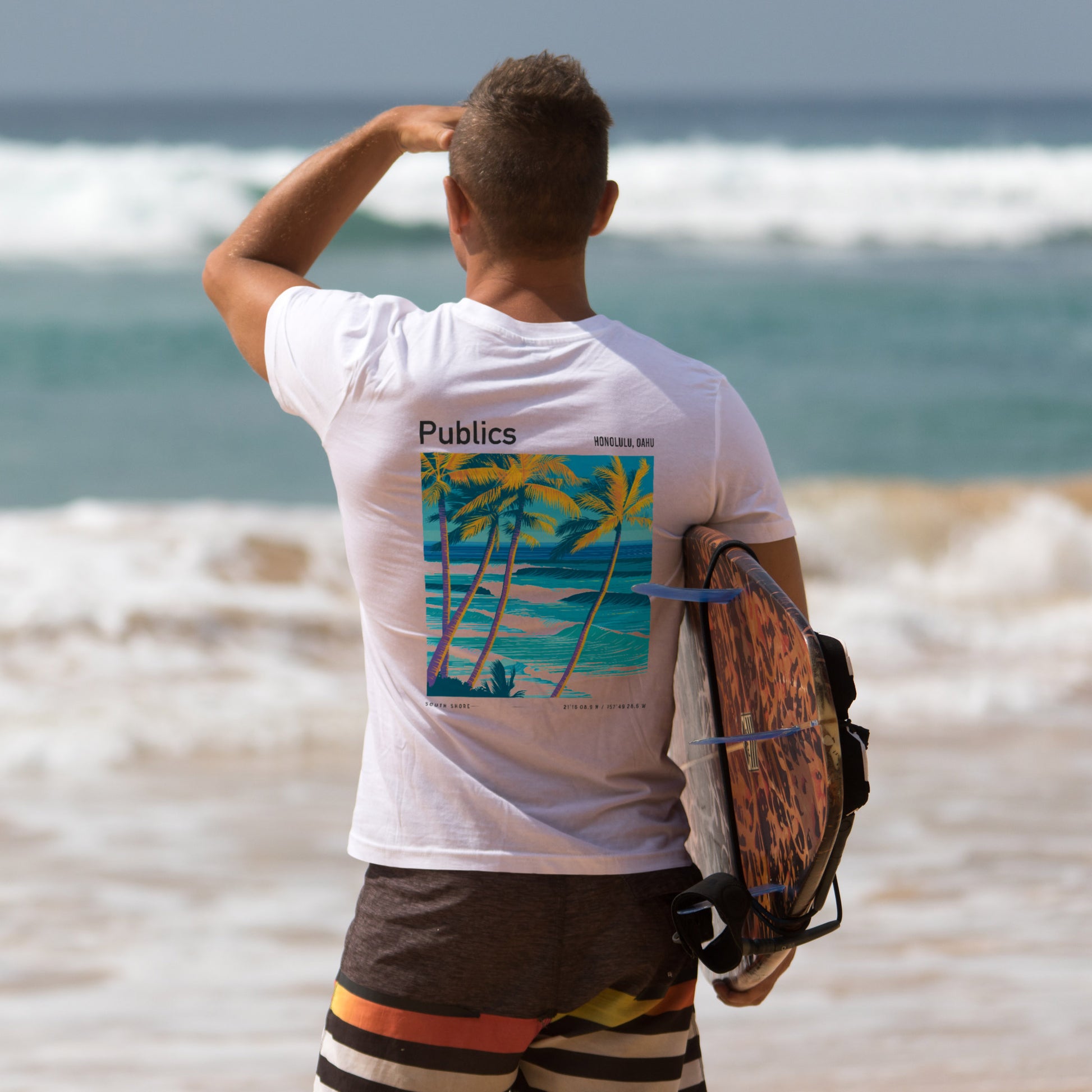 Publics, Hawaii Surf T-Shirt | Waikiki Wave Culture Tee — design printed on the back of the t-shirt