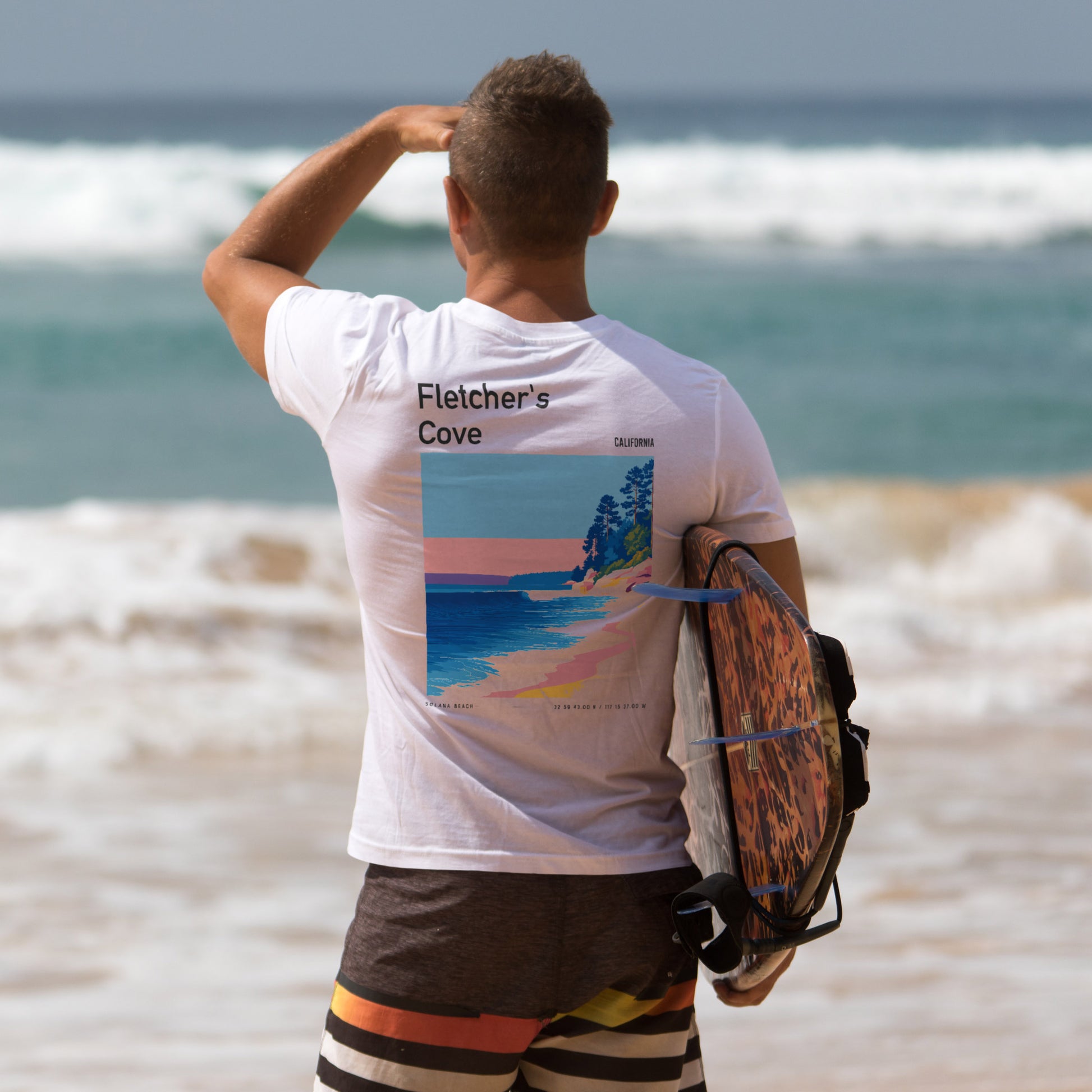 Fletcher's Cove Surf T-Shirt | Coastal Wave Art Tee — design printed on the back of the t-shirt