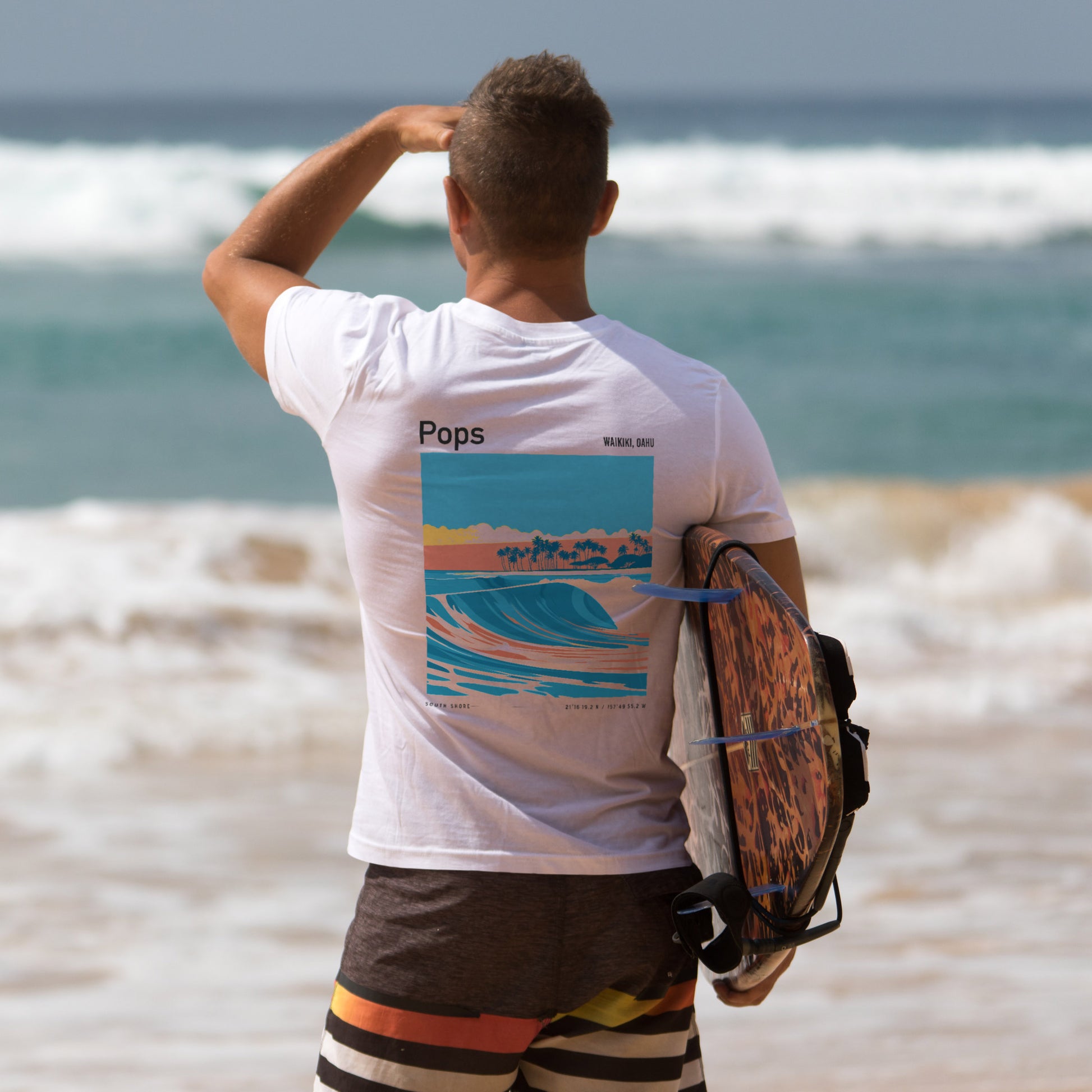 Populars, Hawaii Surf T-Shirt | Warm Walls, Island Soul — design printed on the back of the t-shirt