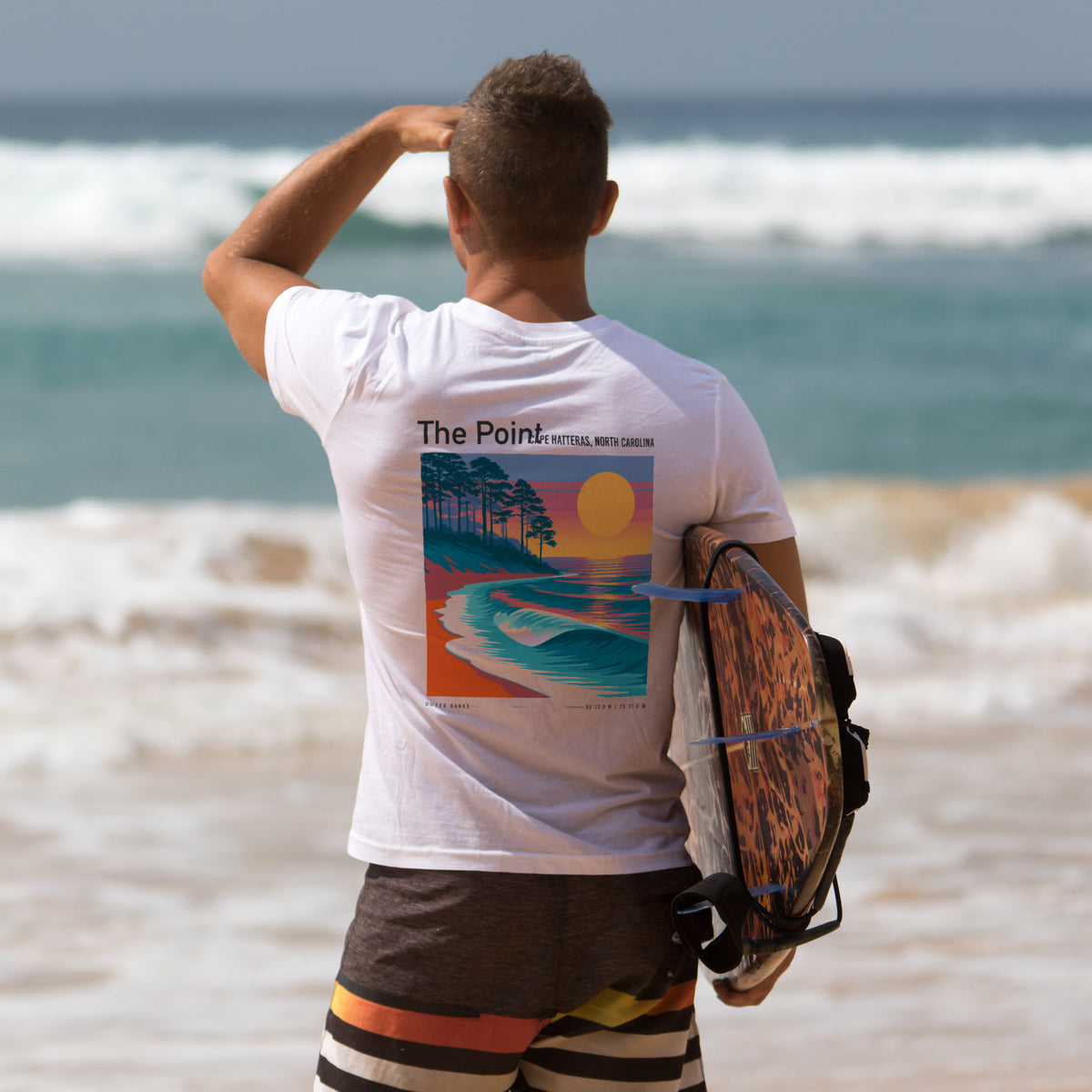 The Point, North Carolina Surf T-Shirt | Outer Banks Wave Art Tee — design printed on the back of the t-shirt