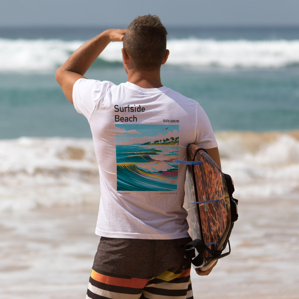 Surfside Beach Surf T-Shirt | South Carolina Shore Wave Tee — design printed on the back of the t-shirt
