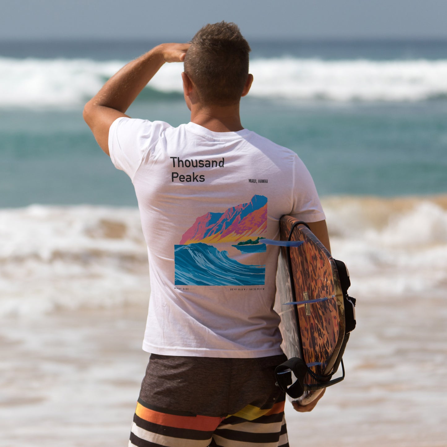 Thousand Peaks Surf T-Shirt | Hawaii Wave Art Tee — design printed on the back of the t-shirt