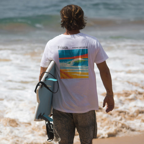 Frisco Pier Surf T-Shirt | Outer Banks Wave Art Tee — design printed on the back of the t-shirt