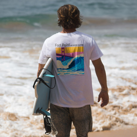 Fort Point Surf T-Shirt | Golden Gate Wave Art Tee — design printed on the back of the t-shirt
