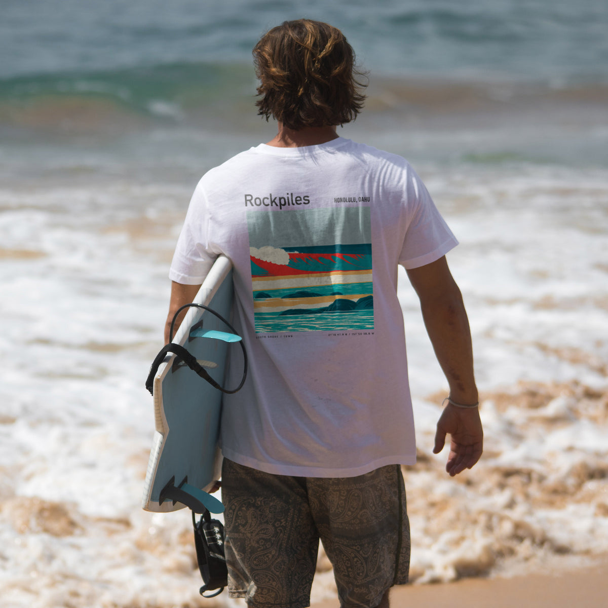 Rockpiles Surf T-Shirt | Raw Hawaiian Reef Wave Tee — design printed on the back of the t-shirt
