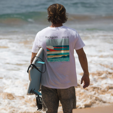 Rockpiles Surf T-Shirt | Raw Hawaiian Reef Wave Tee — design printed on the back of the t-shirt