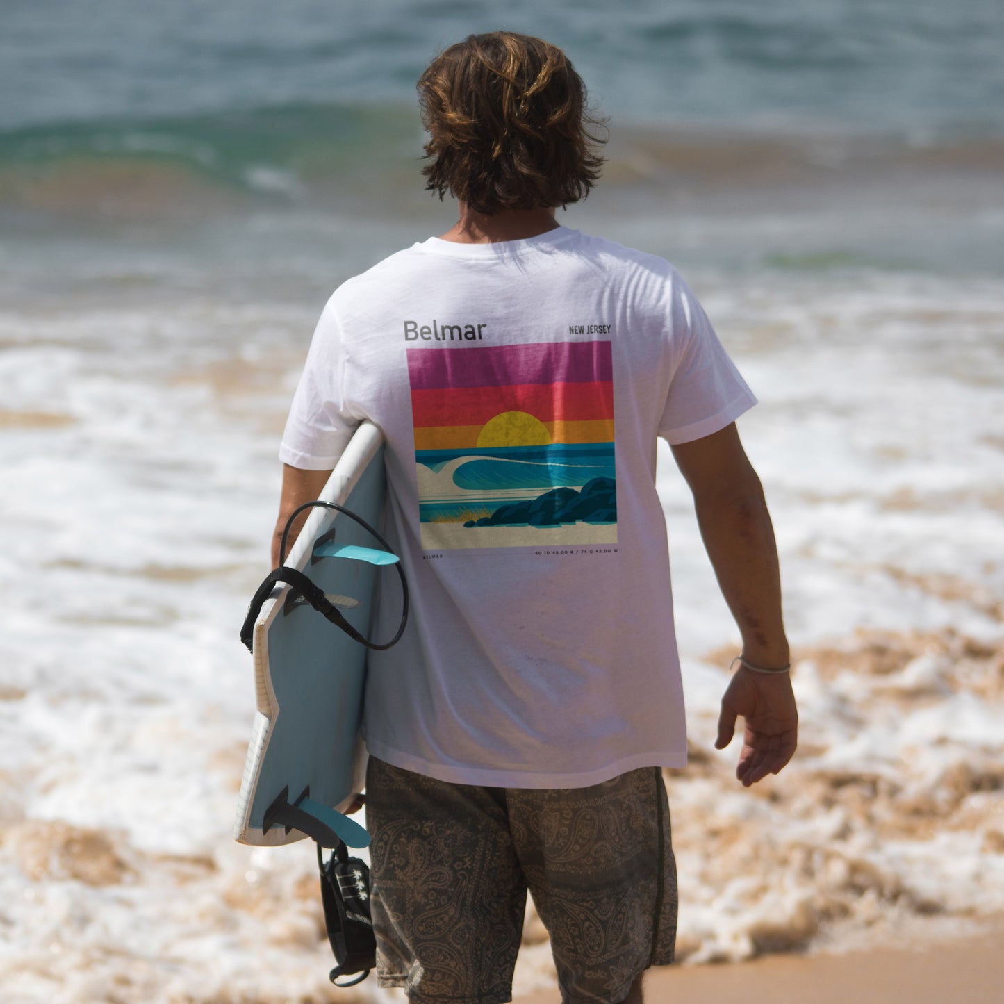 Belmar, New Jersey Surf T-Shirt | Jersey Shore Wave Art Tee — design printed on the back of the t-shirt