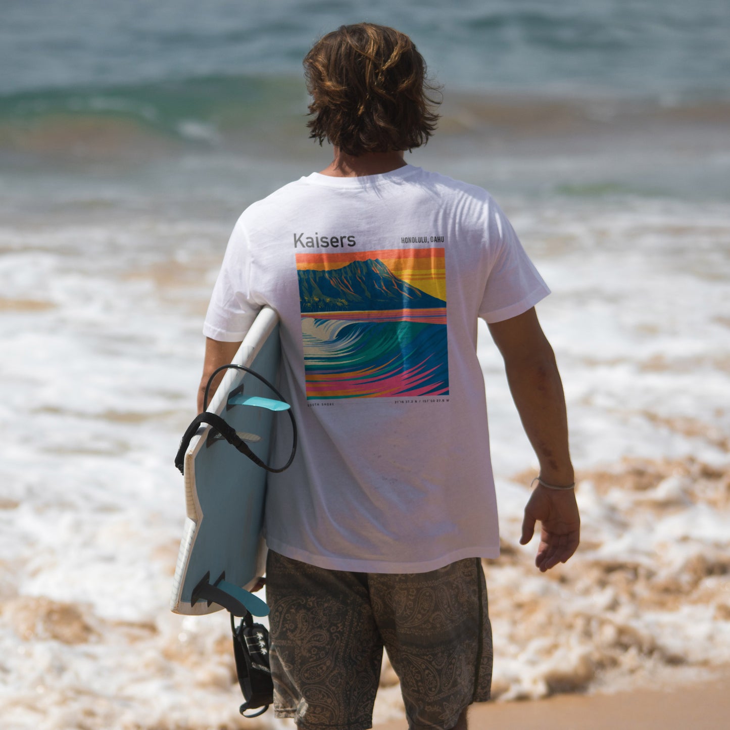 Kaisers Surf T-Shirt | Hawaiian Reef Break Wave Art — design printed on the back of the t-shirt