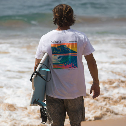 Kaisers Surf T-Shirt | Hawaiian Reef Break Wave Art — design printed on the back of the t-shirt