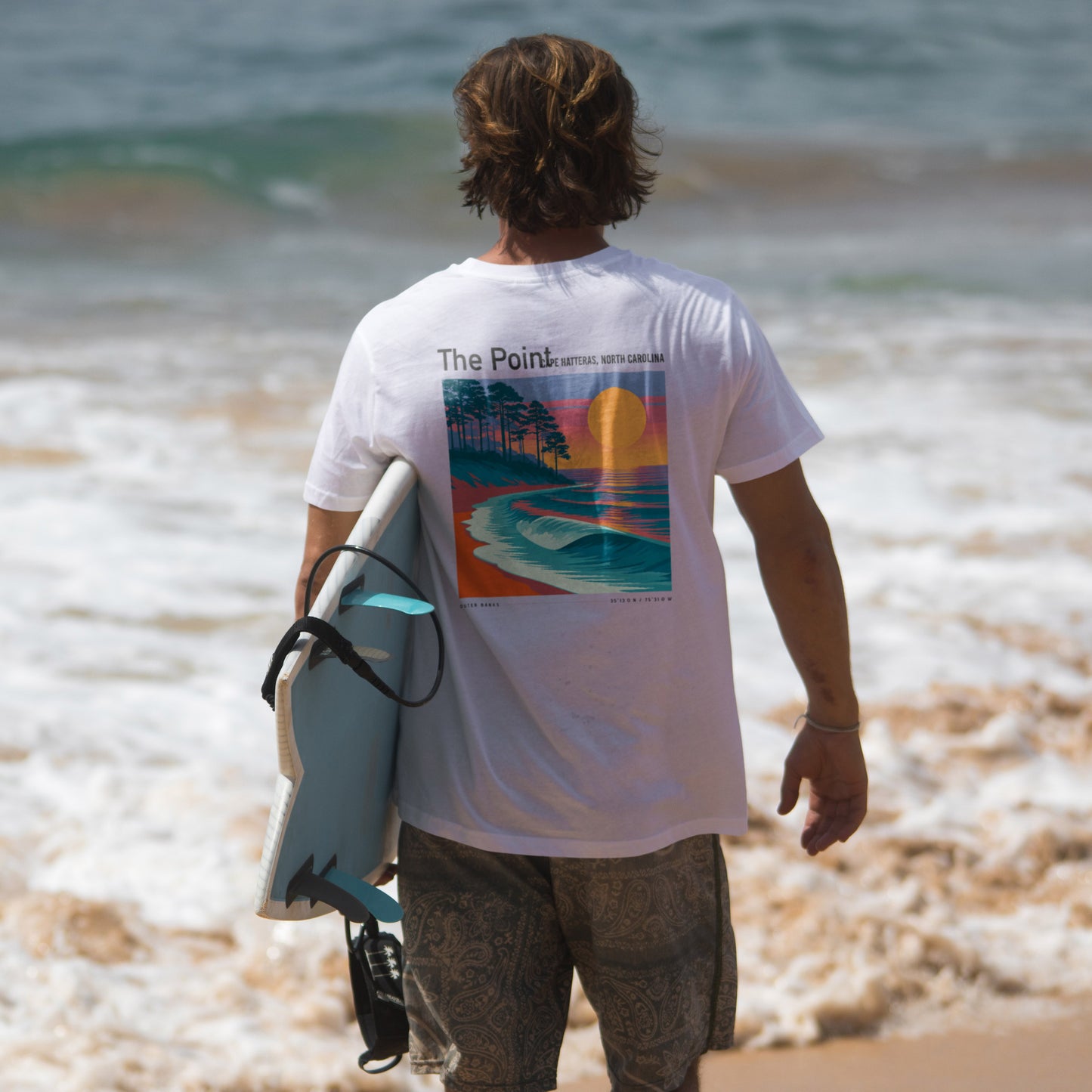 The Point, North Carolina Surf T-Shirt | Outer Banks Wave Art Tee — design printed on the back of the t-shirt