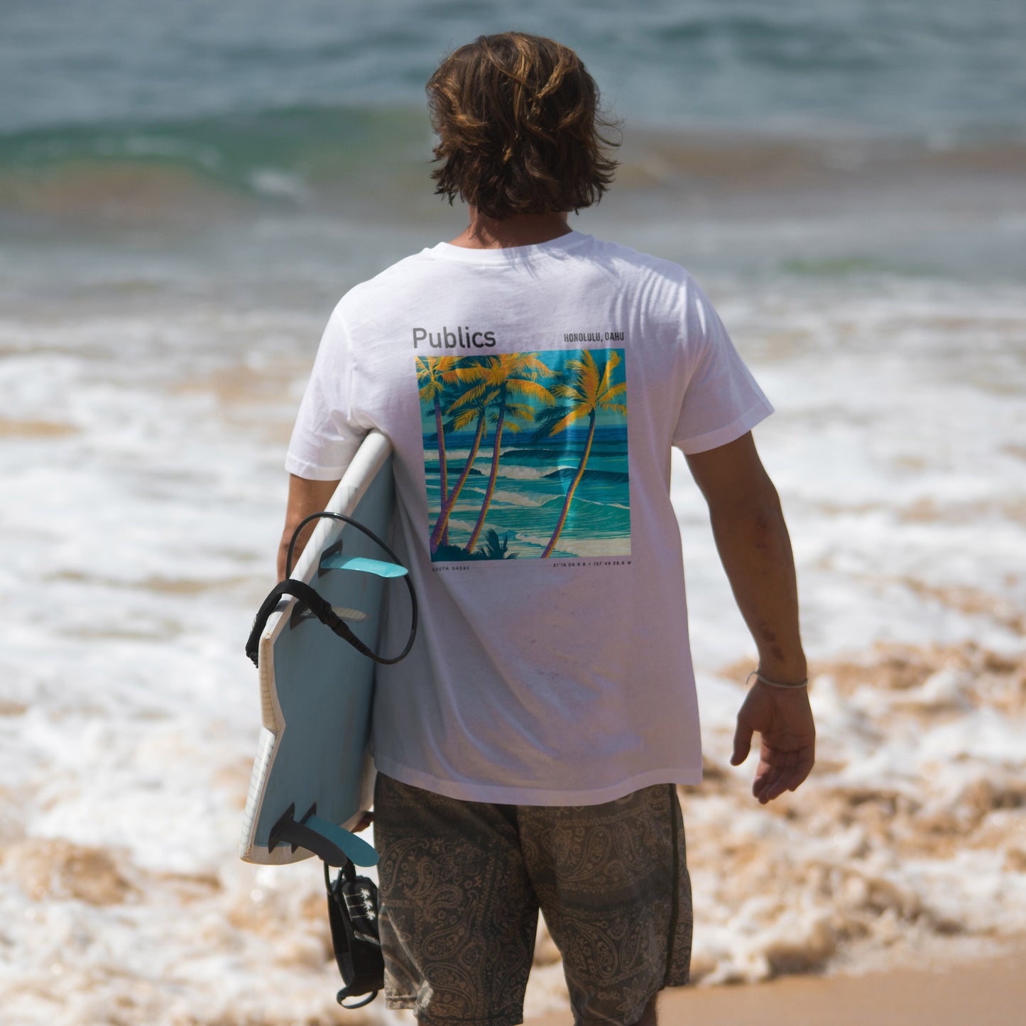 Publics, Hawaii Surf T-Shirt | Waikiki Wave Culture Tee — design printed on the back of the t-shirt