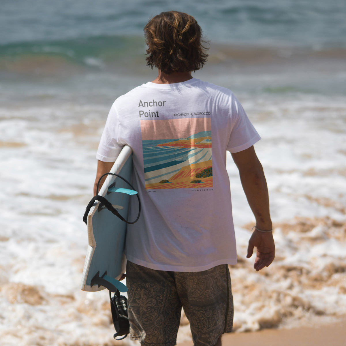 Anchor Point Surf T-Shirt | Moroccan Barrels Wave Art Tee — design printed on the back of the t-shirt