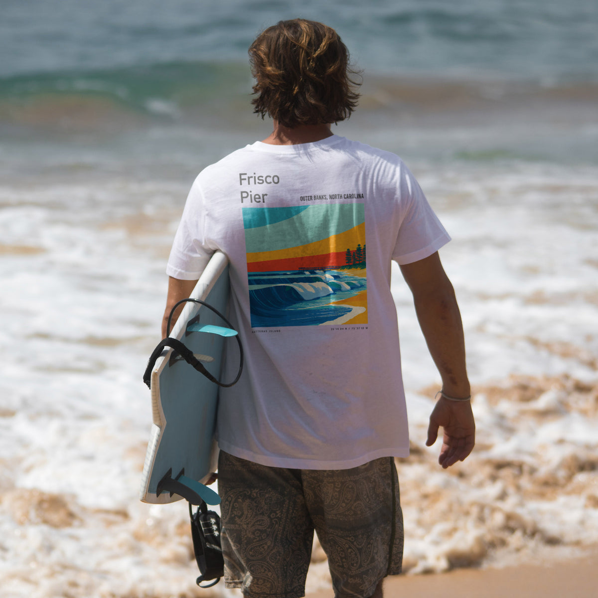 Frisco Pier Surf T-Shirt | Outer Banks Wave Art Tee — design printed on the back of the t-shirt