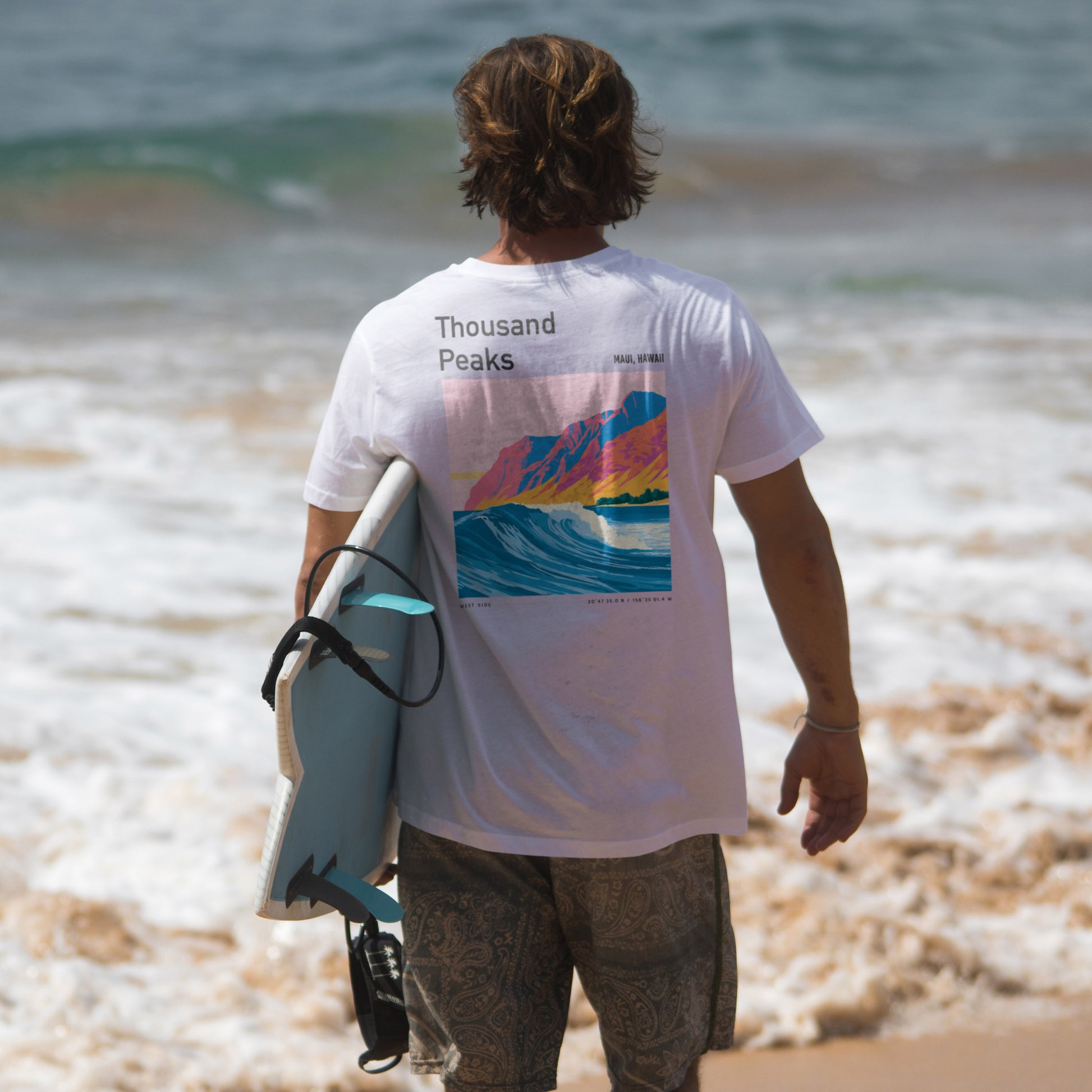 Thousand Peaks Surf T-Shirt | Hawaii Wave Art Tee — design printed on the back of the t-shirt