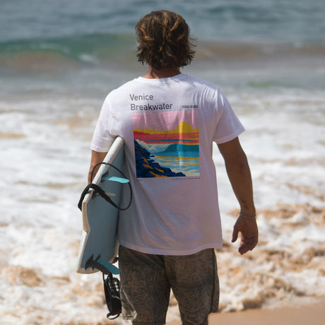 Venice Breakwater Surf T-Shirt | Laid-Back LA Wave Art — design printed on the back of the t-shirt