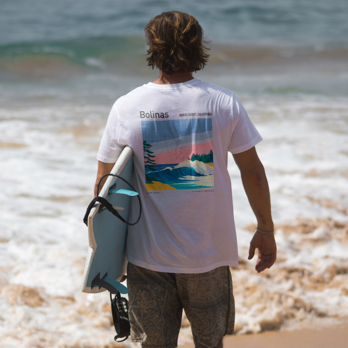 Bolinas Surf T-Shirt | Mellow Waves, Northern California Vibes — design printed on the back of the t-shirt