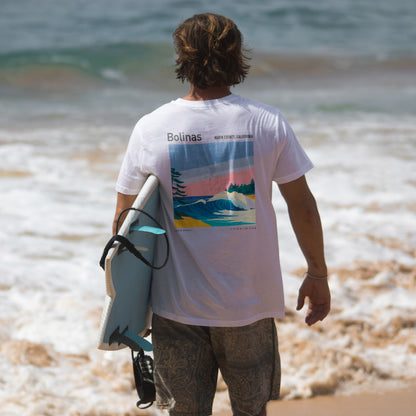 Bolinas Surf T-Shirt | Mellow Waves, Northern California Vibes — design printed on the back of the t-shirt
