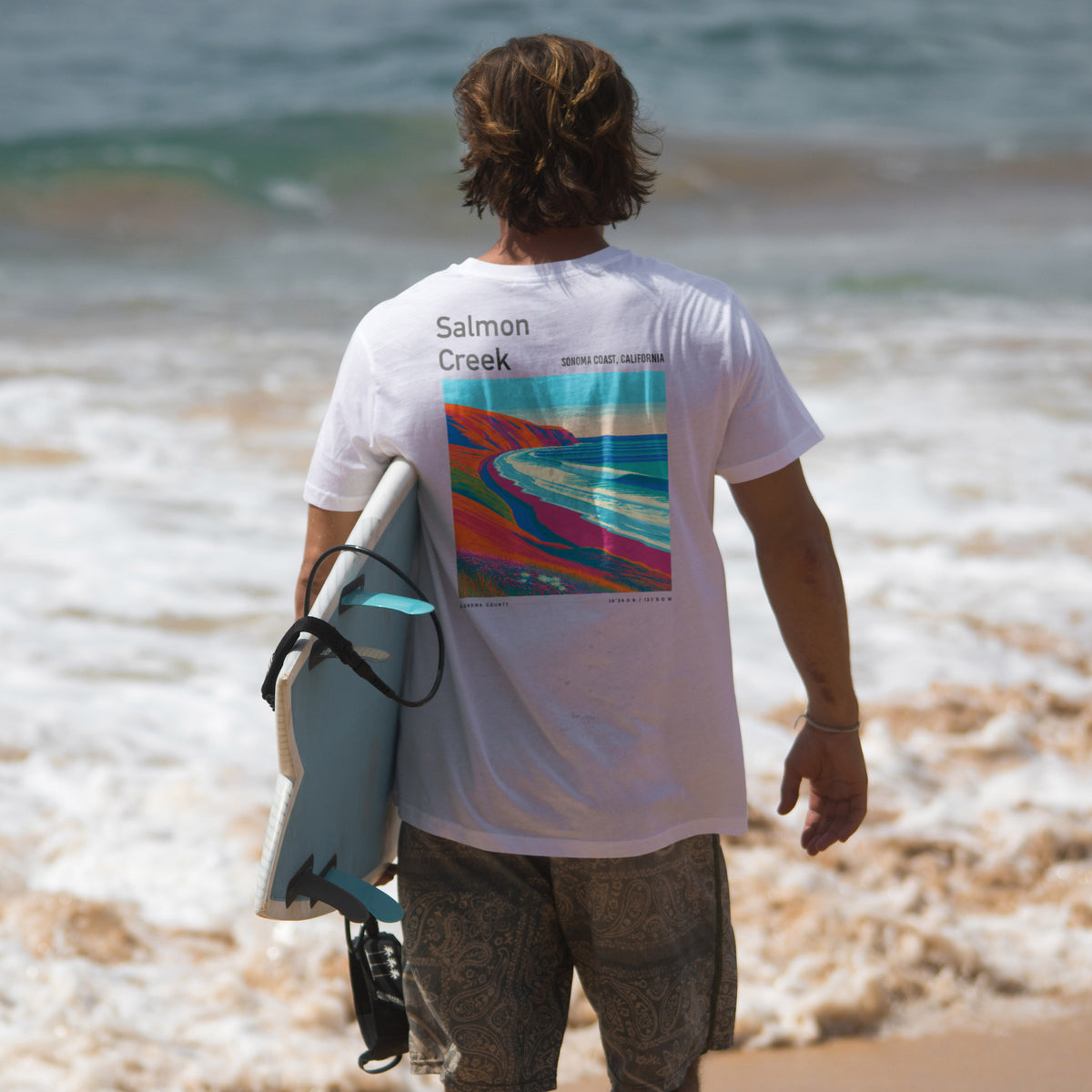Salmon Creek Surf T-Shirt | Wild Sonoma Coast Wave Art — design printed on the back of the t-shirt