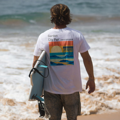 Garden City Pier Surf T-Shirt | Low Country Wave Art Tee — design printed on the back of the t-shirt