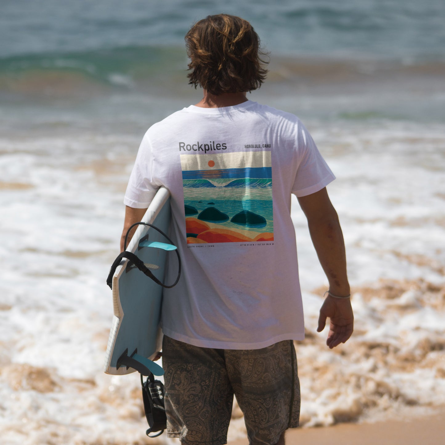 Rockpiles Surf T-Shirt | Raw Hawaiian Reef Wave Tee — design printed on the back of the t-shirt