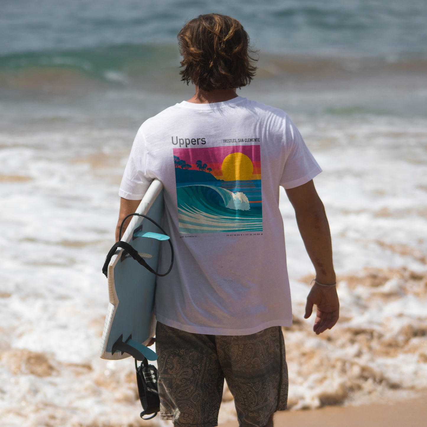 Uppers, Trestles Surf T-Shirt | Southern California Wave Art Tee — design printed on the back of the t-shirt