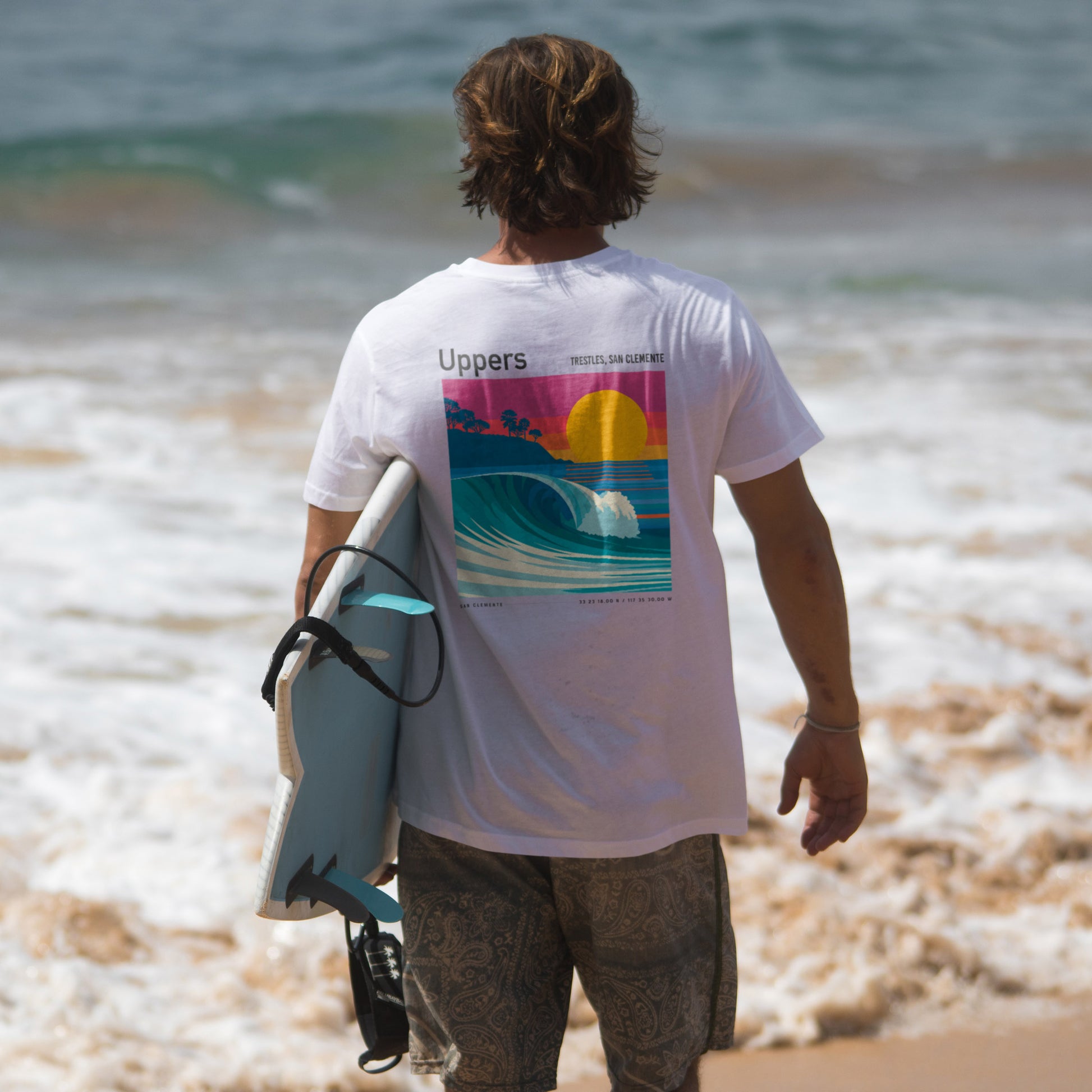 Uppers, Trestles Surf T-Shirt | Southern California Wave Art Tee — design printed on the back of the t-shirt