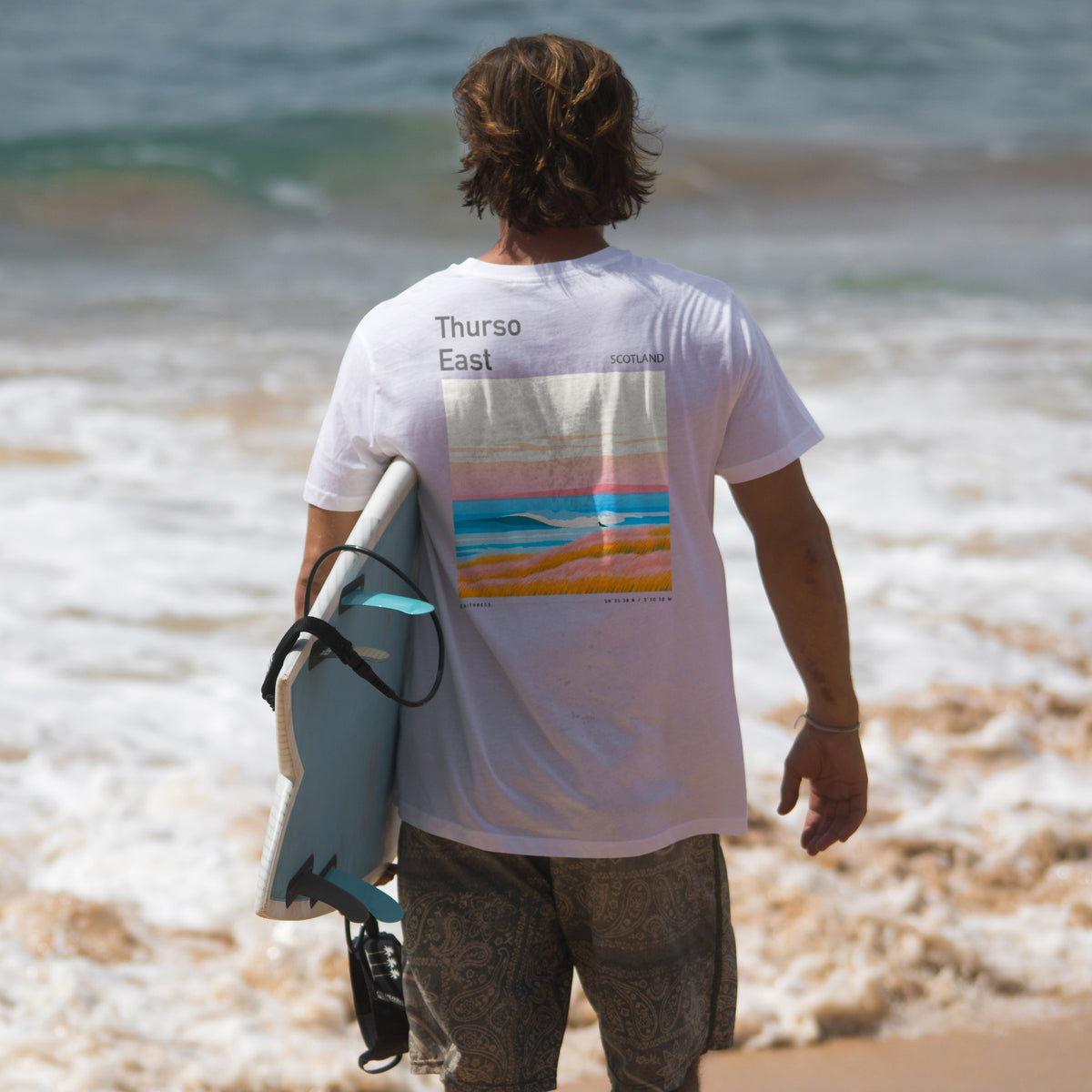 Thurso East Surf T-Shirt | Wild North Atlantic Wave Art — design printed on the back of the t-shirt