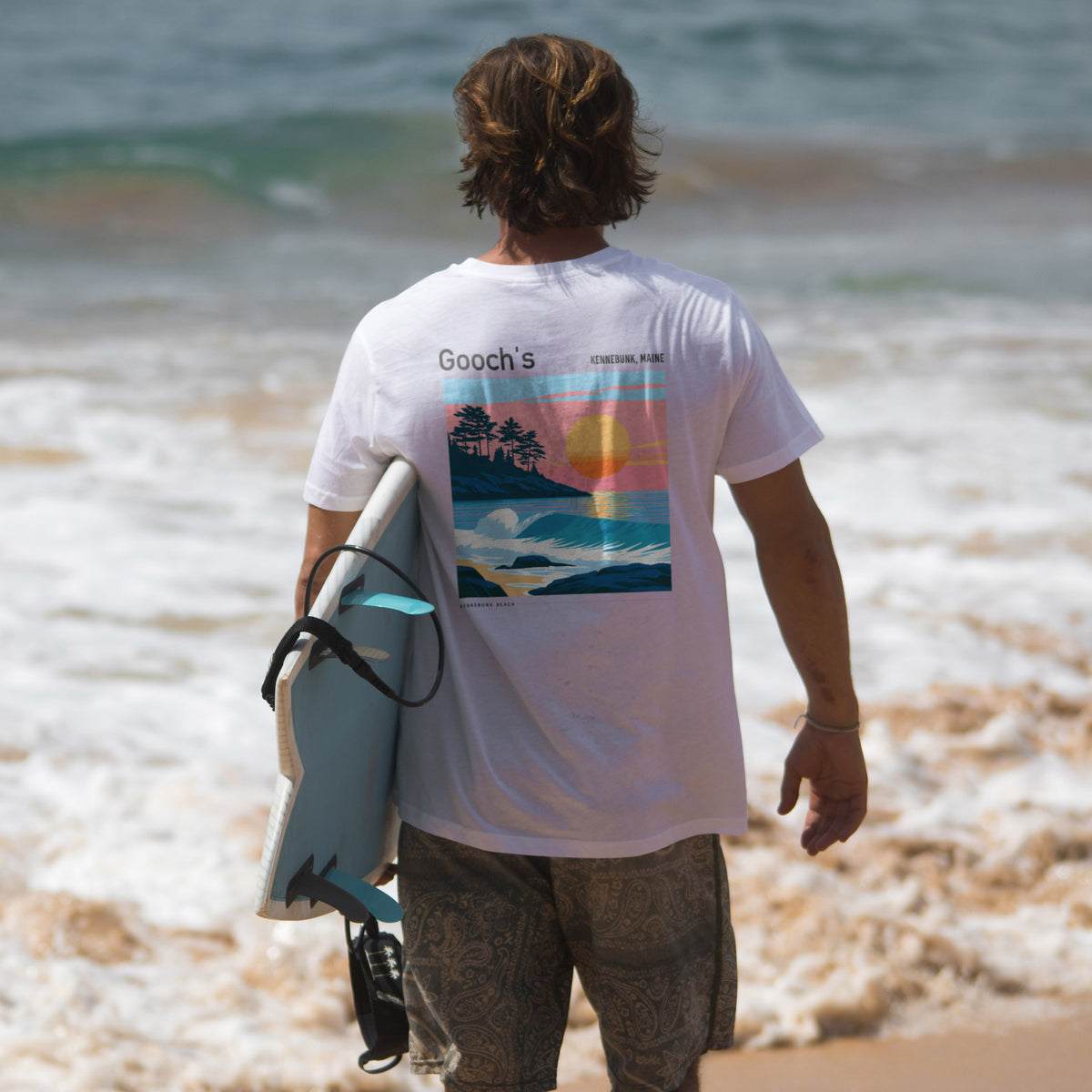 Gooch's Beach Surf T-Shirt | Maine Coast Wave Art Tee — design printed on the back of the t-shirt