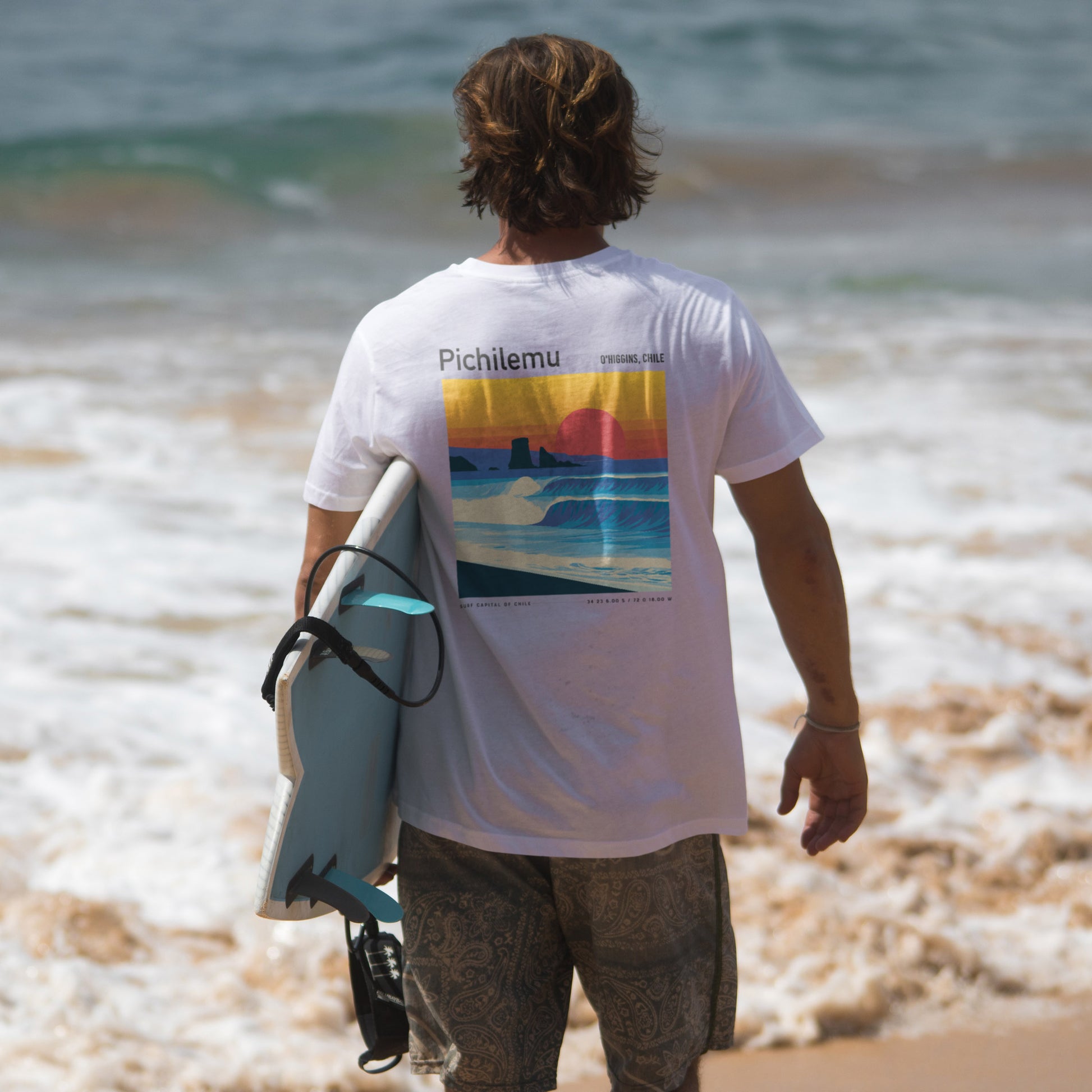 Pichilemu Surf T-Shirt | Chilean Wave Art Tee — design printed on the back of the t-shirt