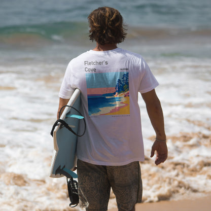 Fletcher's Cove Surf T-Shirt | Coastal Wave Art Tee — design printed on the back of the t-shirt
